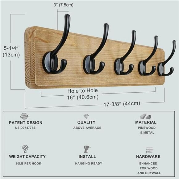 Wall Mounted Coat Rack Wood 5 Hook Heavy Duty Entryway Hat Towel Hanger - Picture 6 of 8